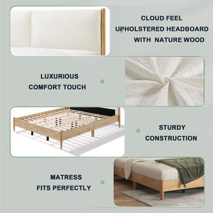 King Natural Wood Bed and Upholstered Headboard
