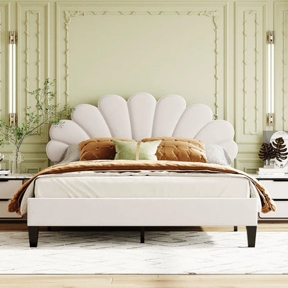 Upholstered platform bed with ivory flower-pattern headboard by Unique Piece Furniture on Tampa Home & Garden Store