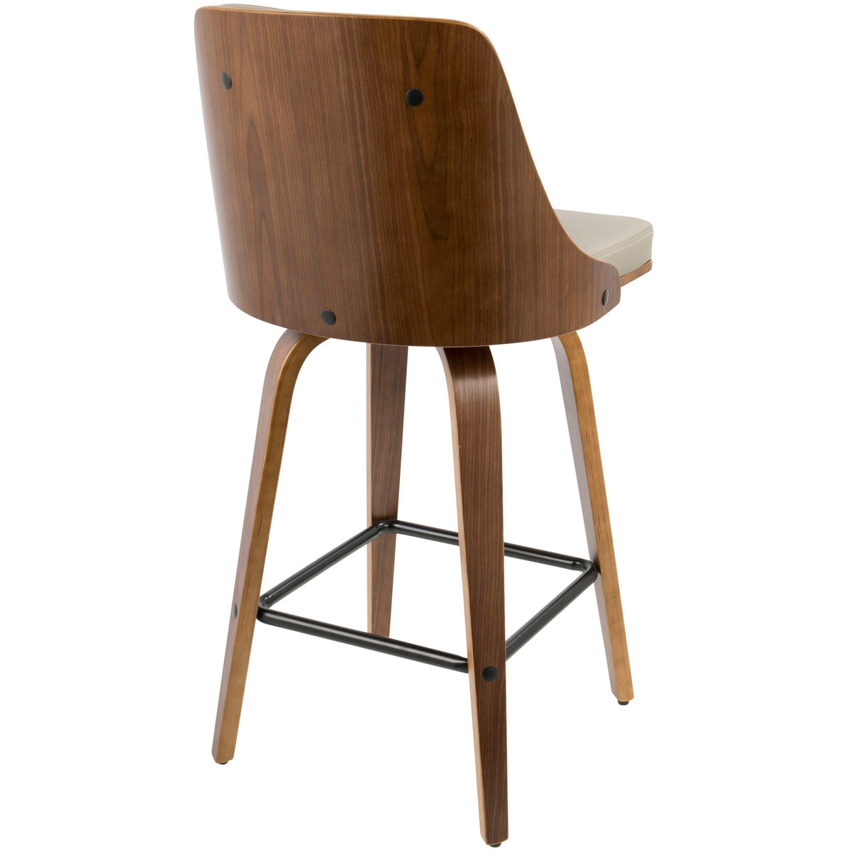 Mid Century Modern counter stool with wood veneer back and beige cushion seat on Tampa Home & Garden Store