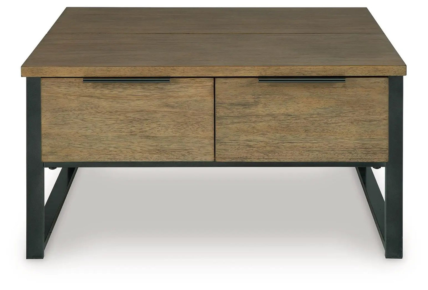 Montia cocktail table warm oak with black metal legs, two-drawer storage on Tampa Home & Garden Store