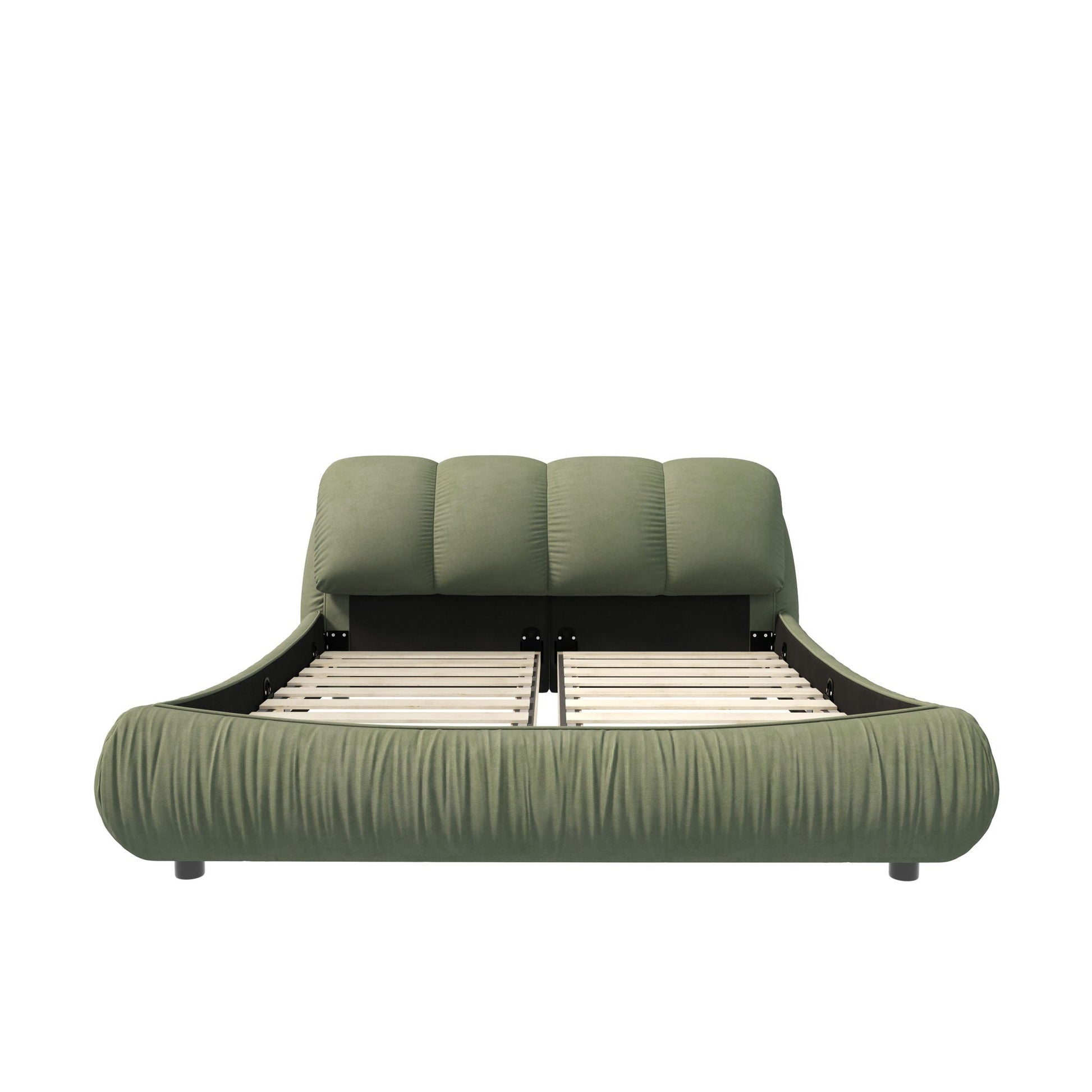 Luxury upholstered platform bed by HouseOfZazla in olive green fabric with headboard on Tampa Home & Garden Store