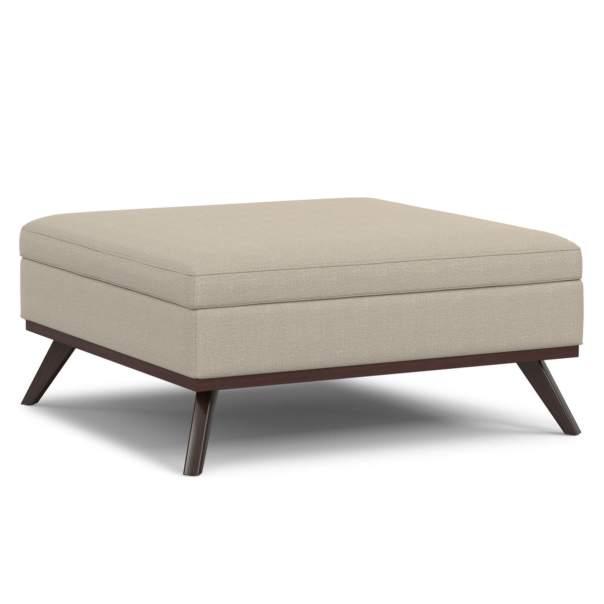 HouseOfZazla square lift-top storage ottoman in beige fabric with dark wood legs on Tampa Home & Garden Store