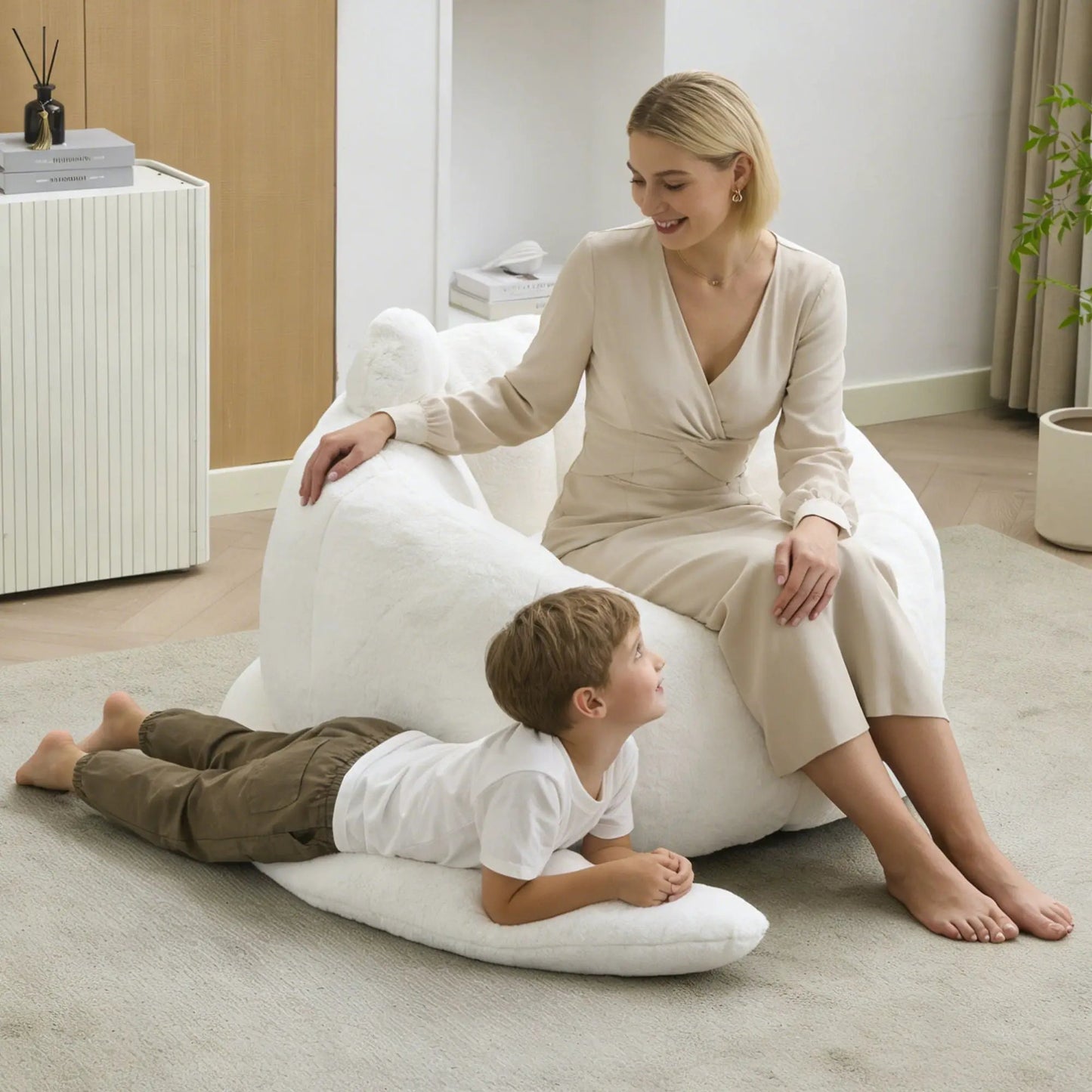 Cat shaped bean bag sofa with long tail in white plush fabric for kids and family on Tampa Home & Garden Store