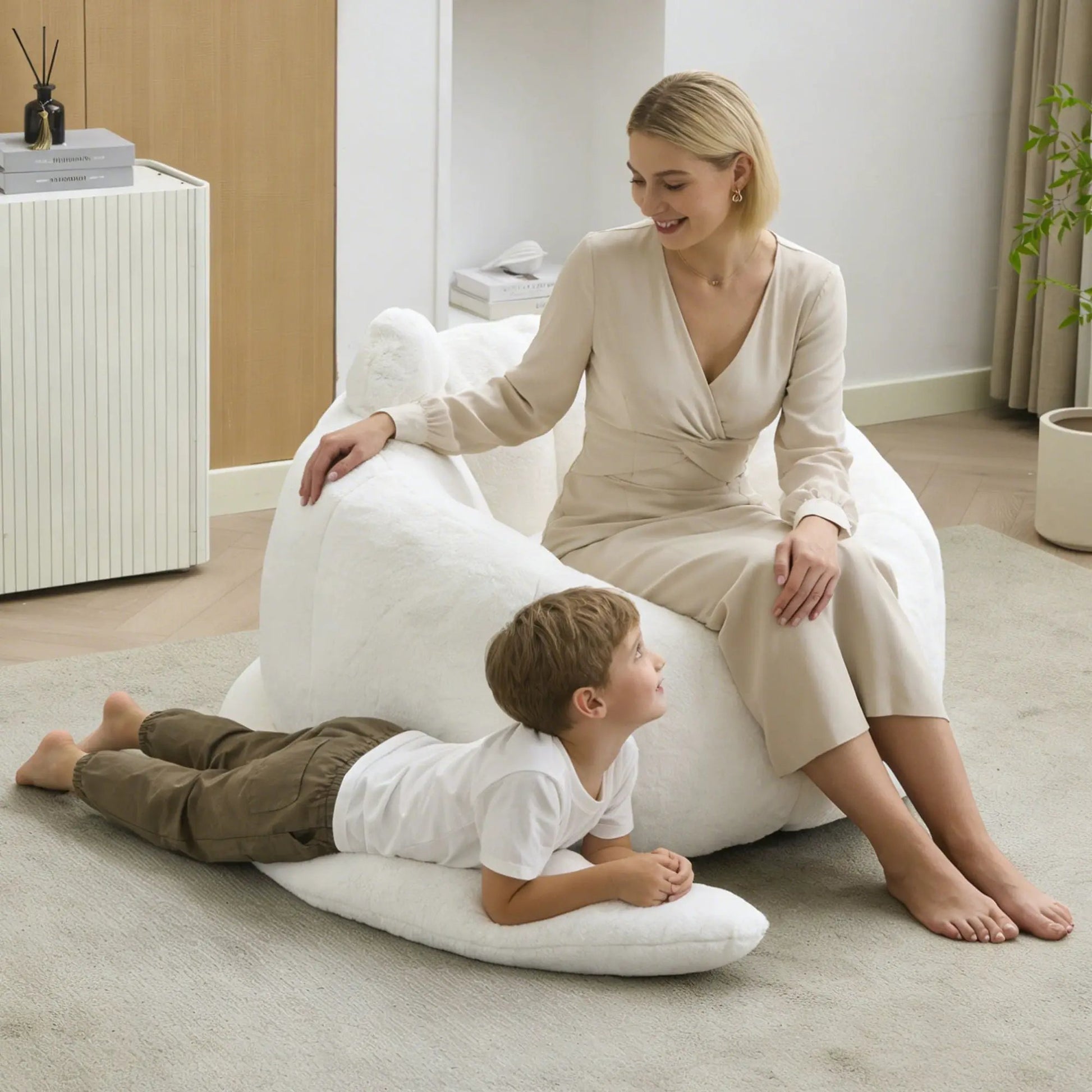 Cat shaped bean bag sofa with long tail in white plush fabric for kids and family on Tampa Home & Garden Store