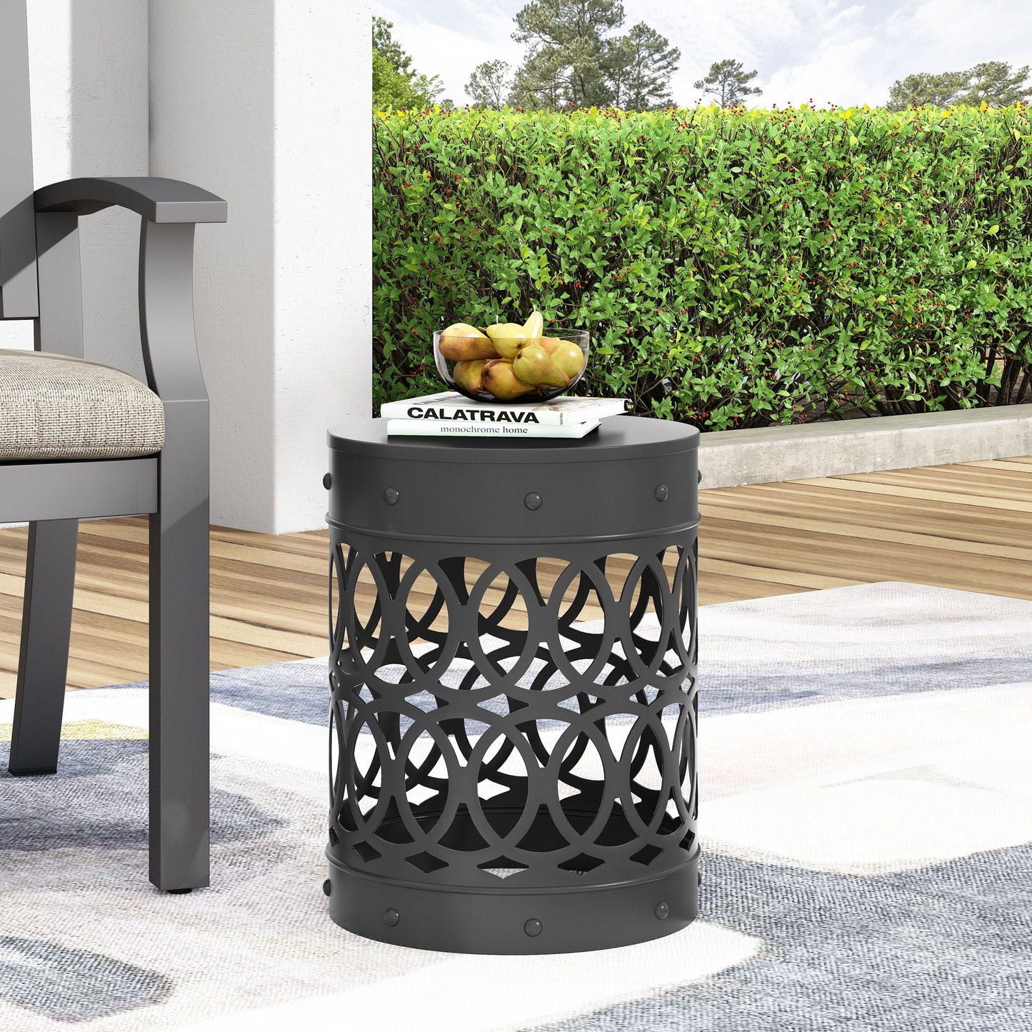Large Outdoor Metal End Table with Floral Cut