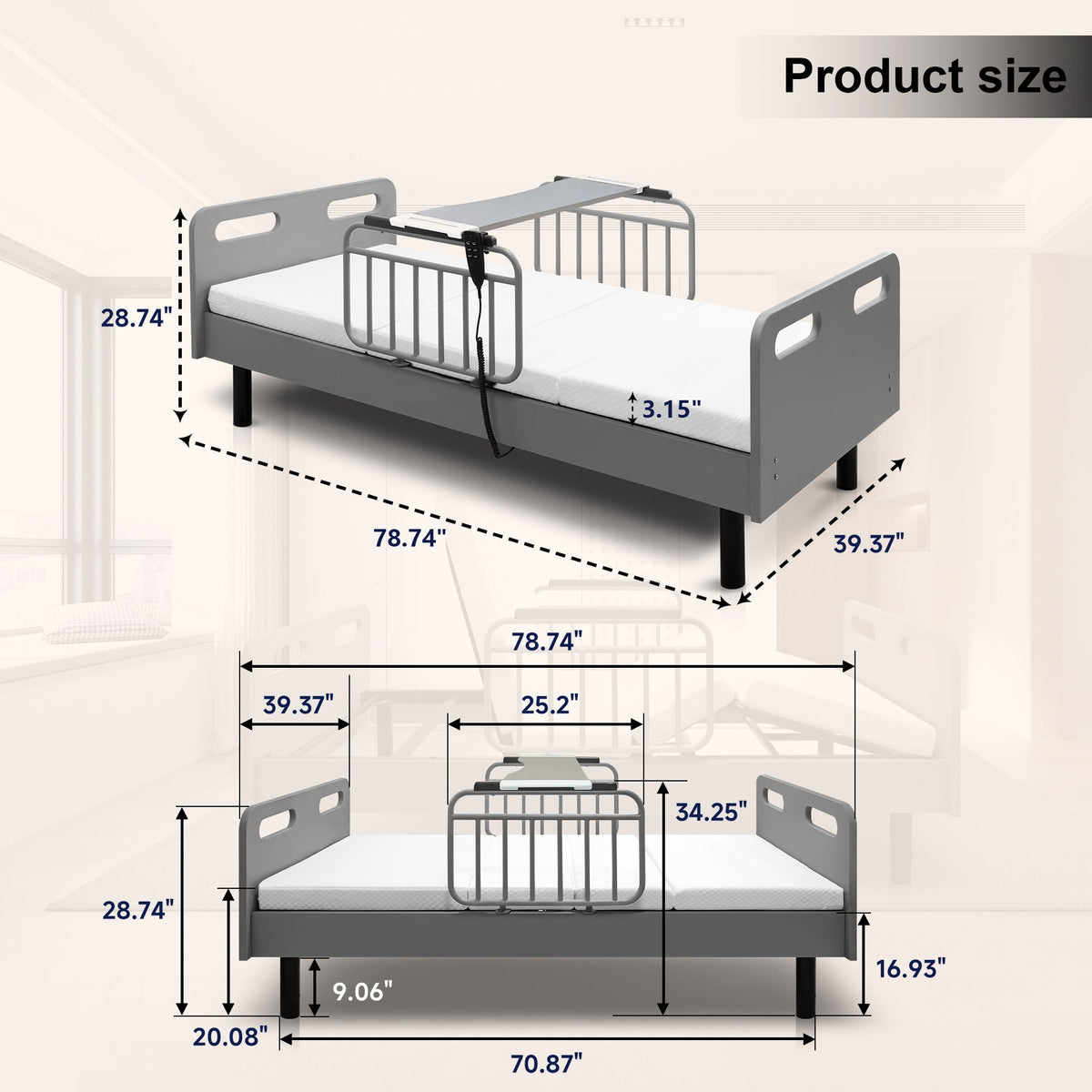 Electric adjustable hospital bed for home use with gray metal frame and remote HouseOfZazla on Tampa Home & Garden Store