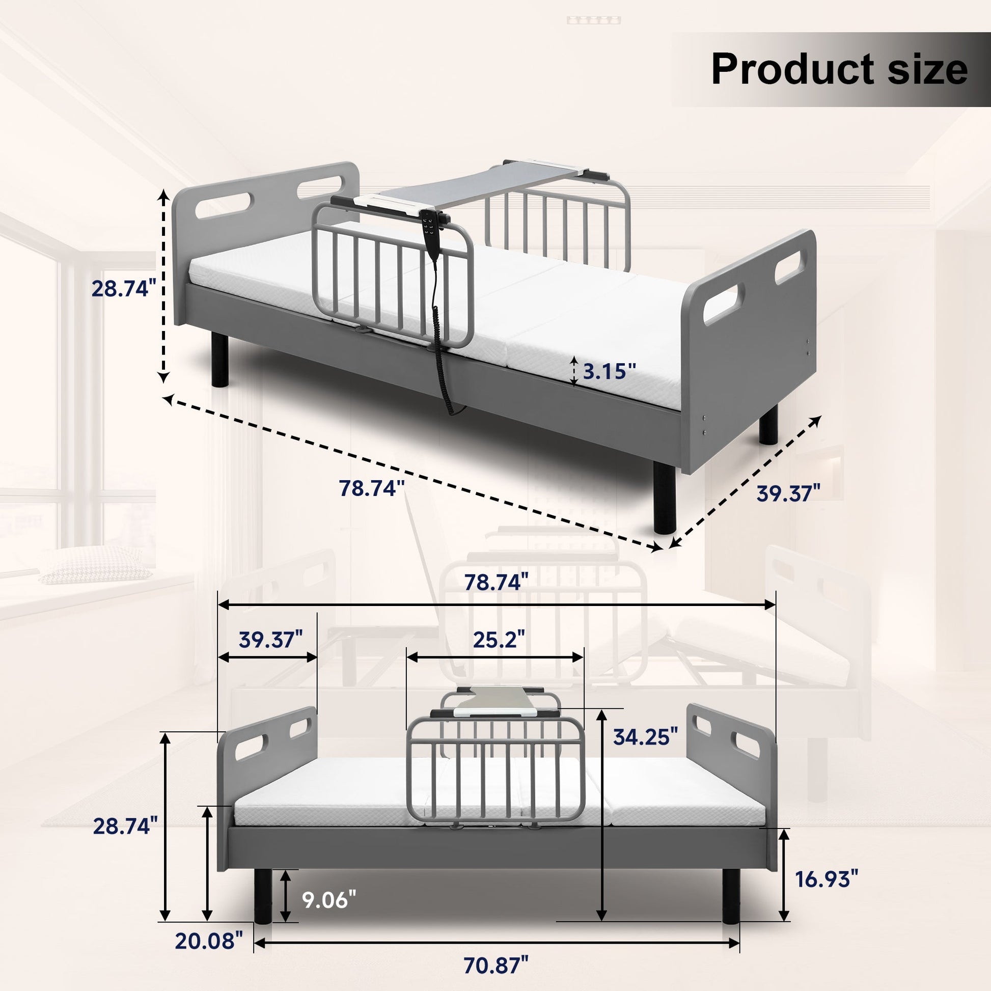 Electric adjustable hospital bed for home use with gray metal frame and remote HouseOfZazla on Tampa Home & Garden Store