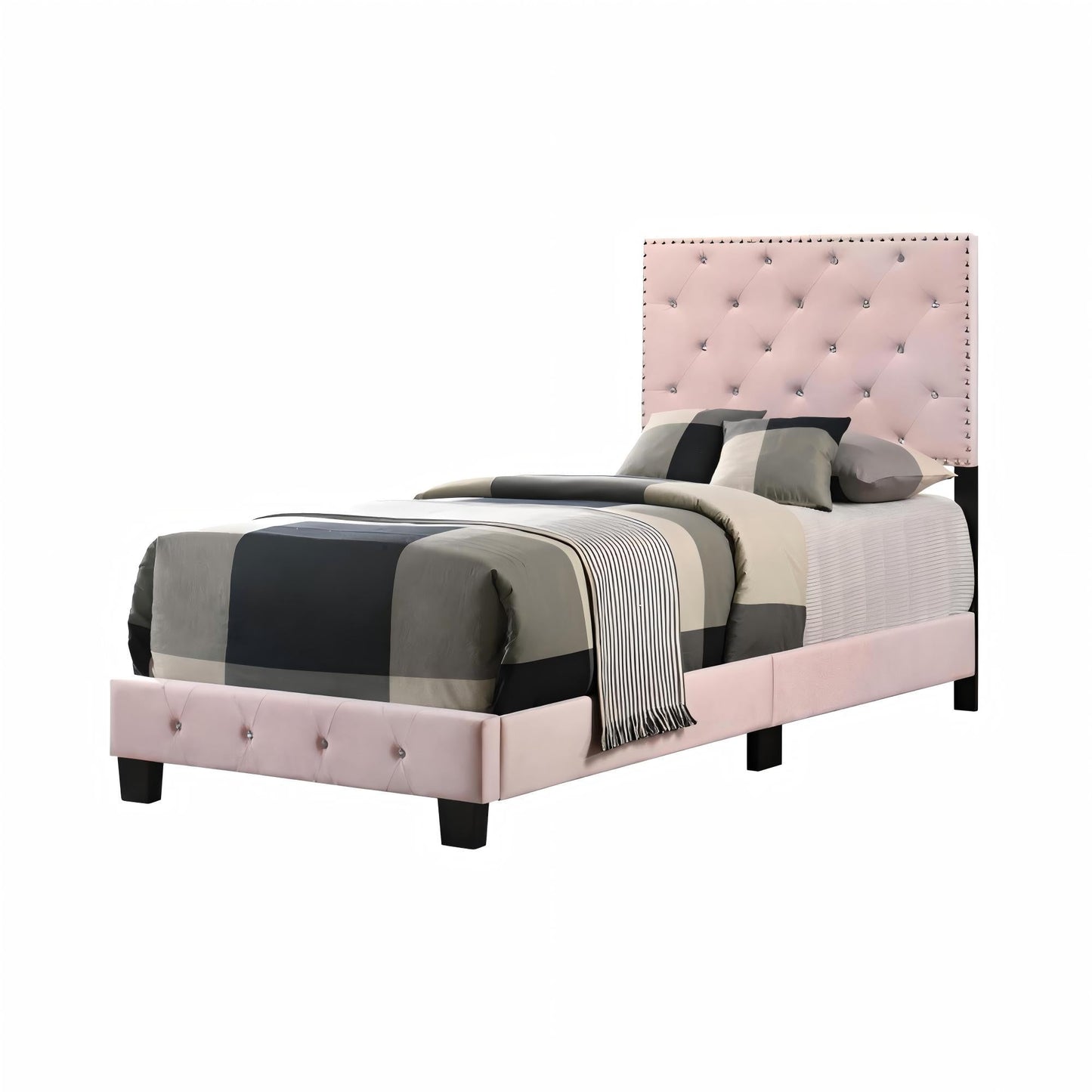 Luxurious pink tufted bed with diamond tufting and nailhead trim by HouseOfZazla on Tampa Home & Garden Store