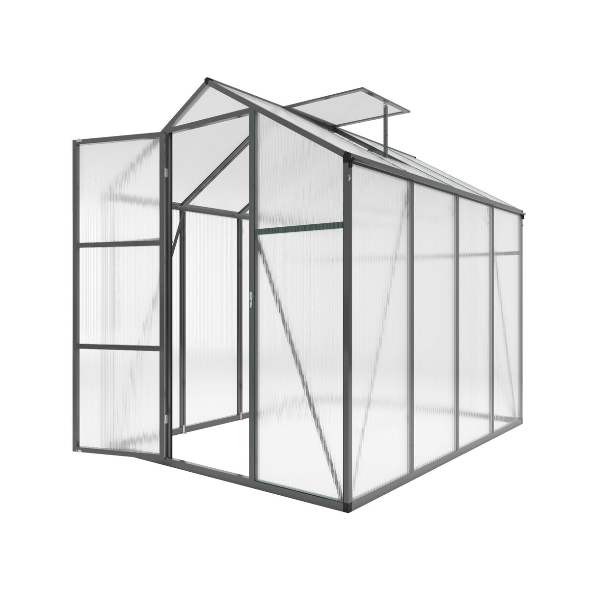Windproof Greenhouse with Raised Base in black metal frame and polycarbonate panels, sloped roof on Tampa Home & Garden Store