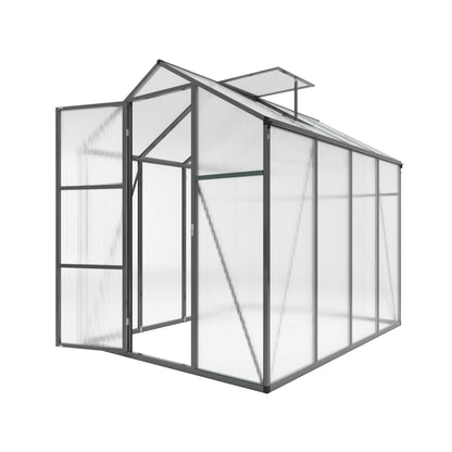 Windproof Greenhouse with Raised Base in black metal frame and polycarbonate panels, sloped roof on Tampa Home & Garden Store