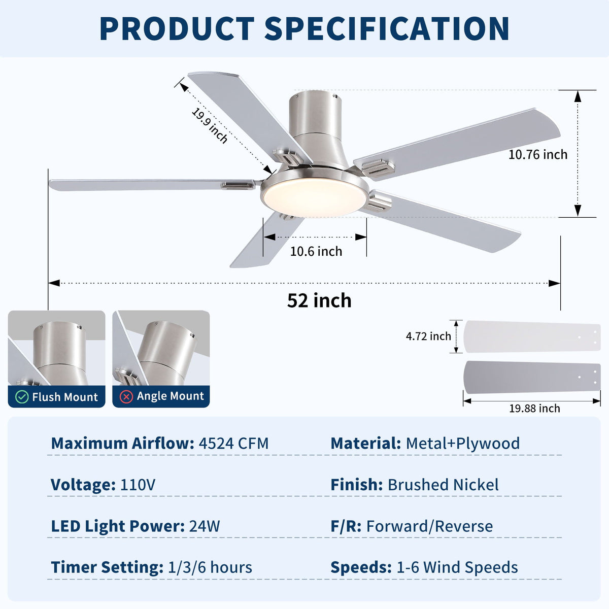 Flush mount ceiling fan with LED light and remote brushed nickel 52 inch span HouseOfZazla on Tampa Home & Garden Store