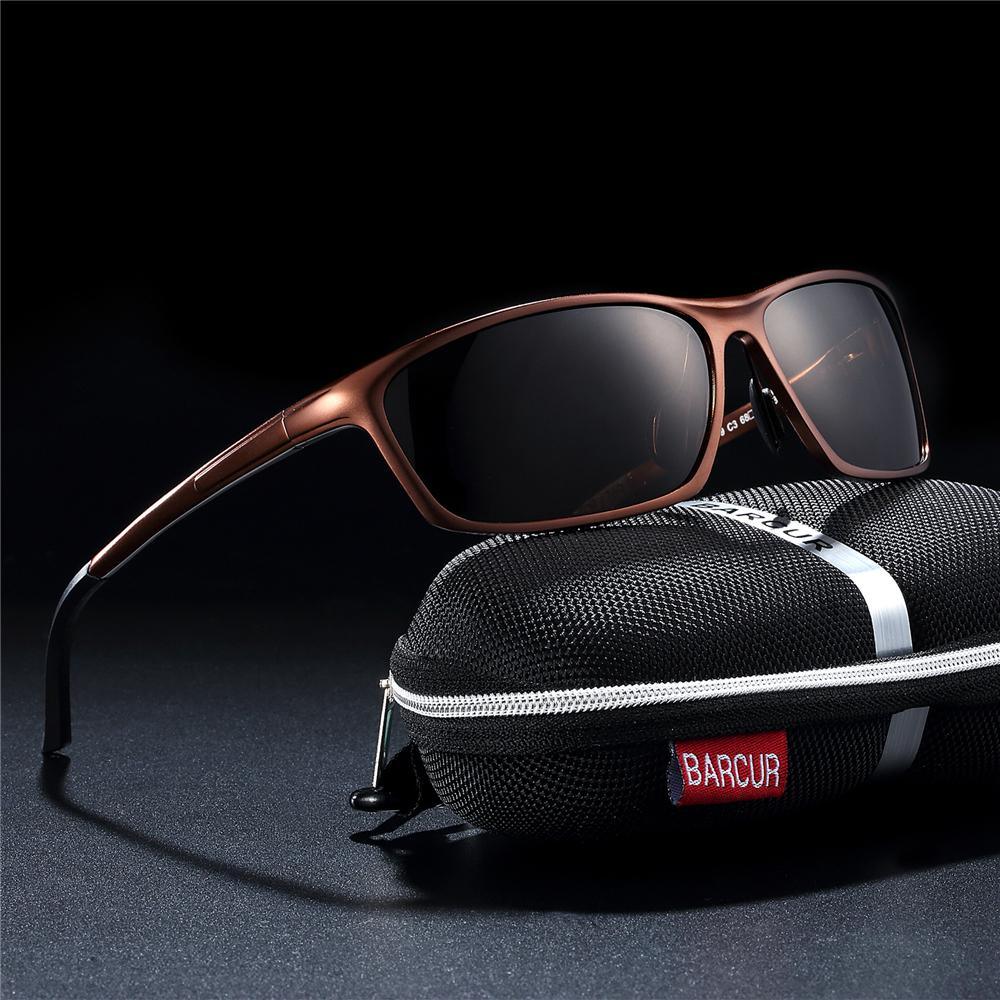 Stevvex oversized square sunglasses bronze frame polarized UV400 lenses on BARCUR case on Tampa Home & Garden Store