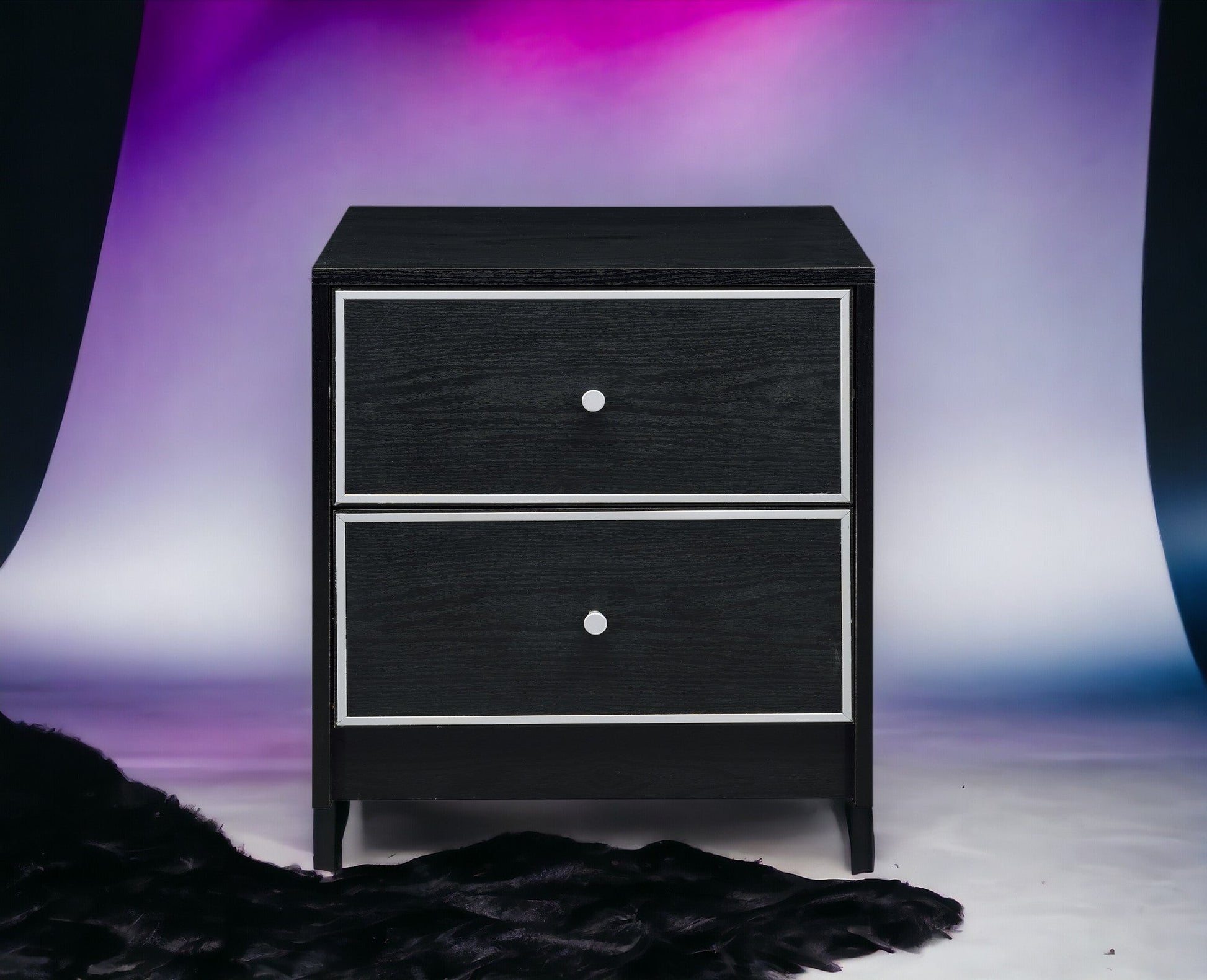 Modern black nightstand with white framed drawer fronts, 3 drawers, silver knobs, HouseOfZazla on Tampa Home & Garden Store