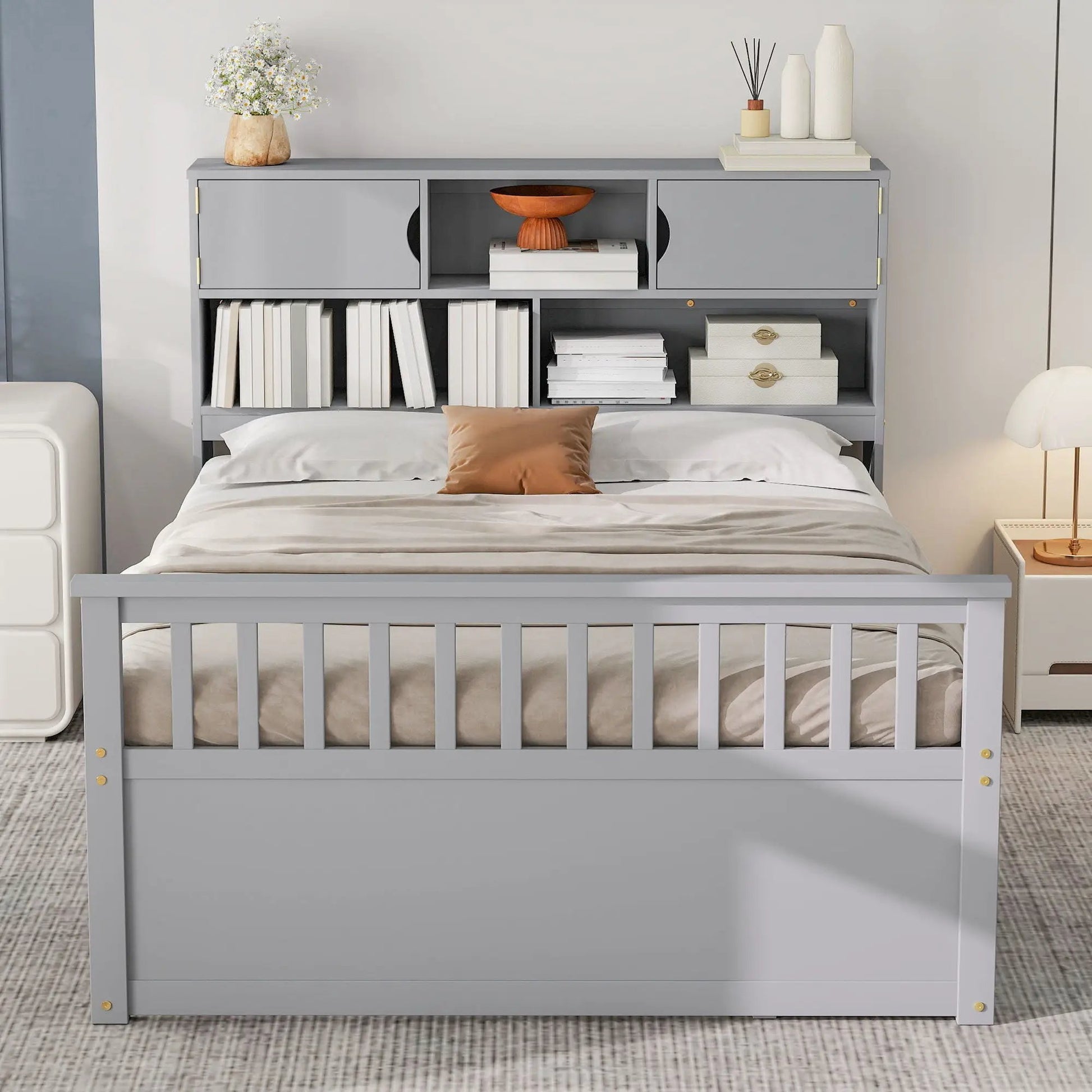 Captain Platform Bed Frame with Bookcase Headboard in gray, 4 drawers and storage shelves on Tampa Home & Garden Store