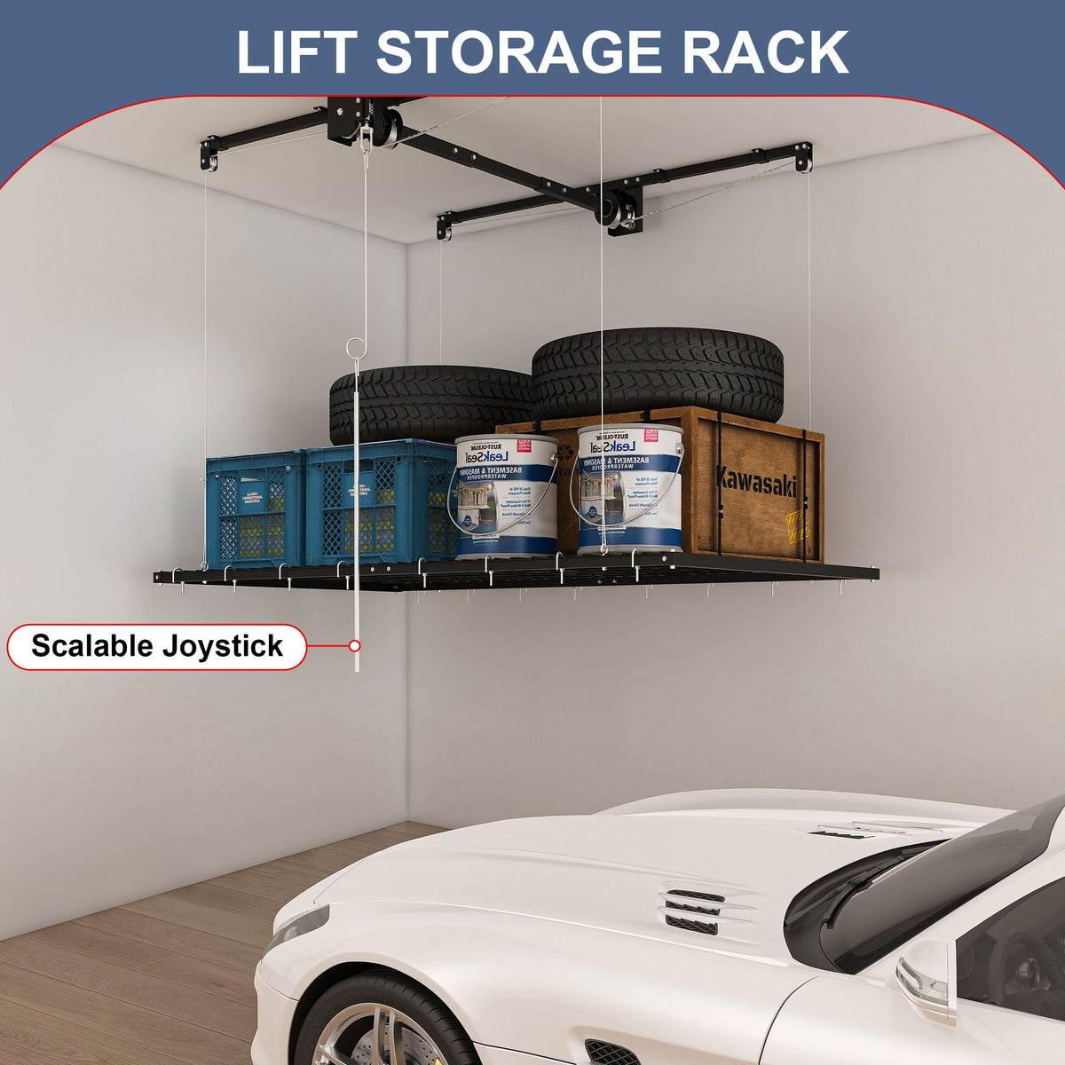 Overhead garage rack with crank system in black metal holding tires and crates on Tampa Home & Garden Store