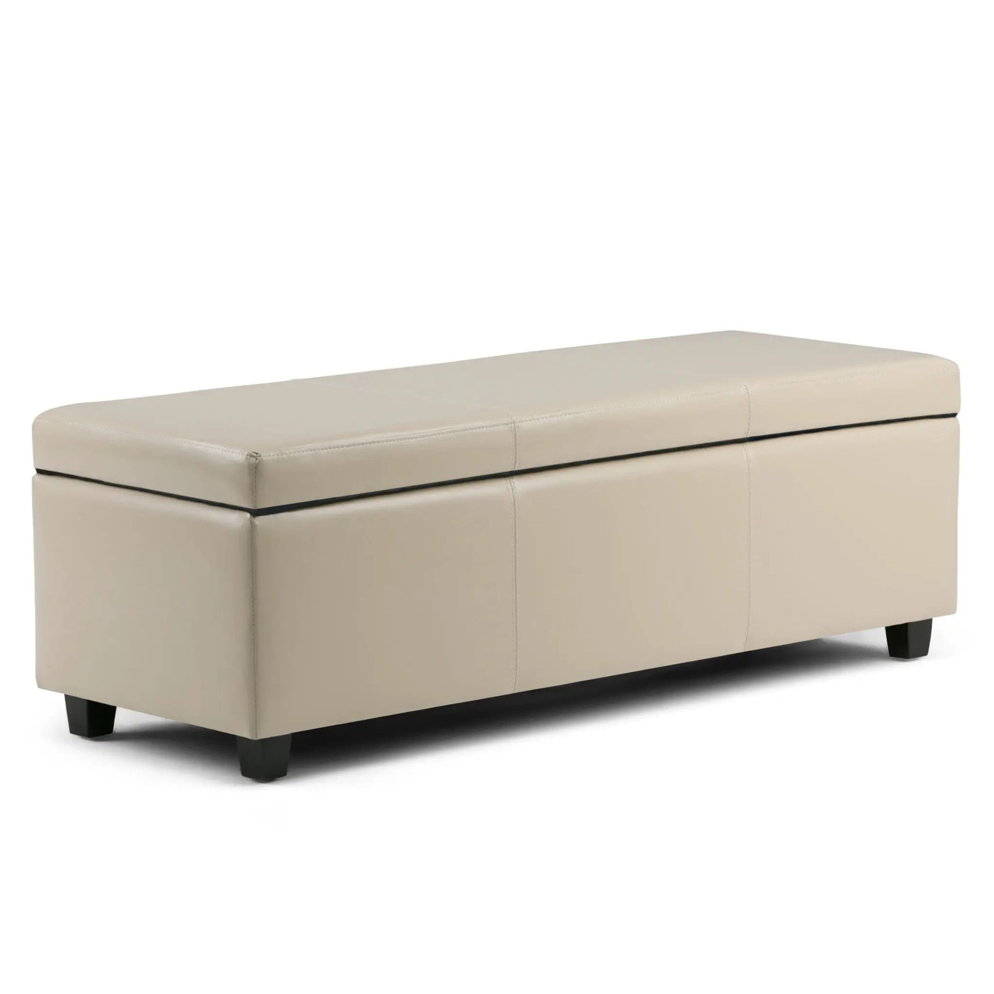 Avalon storage ottoman bench beige faux leather with stitched top dark legs on Tampa Home & Garden Store