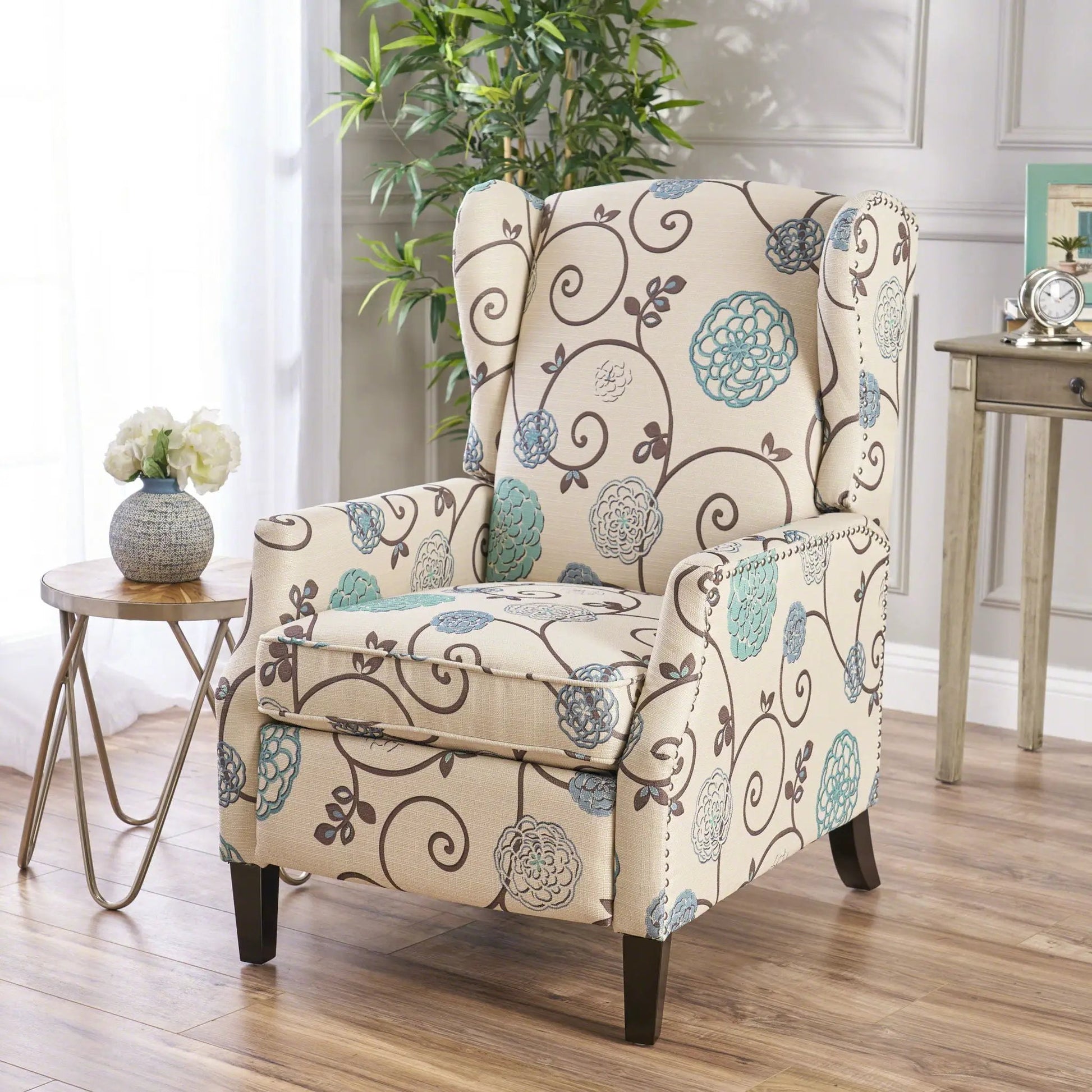 Westeros Wing Back Recliner in beige floral damask fabric by Unique Piece Furniture on Tampa Home & Garden Store