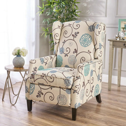 Westeros Wing Back Recliner in beige fabric with teal floral pattern by HouseOfZazla on Tampa Home & Garden Store