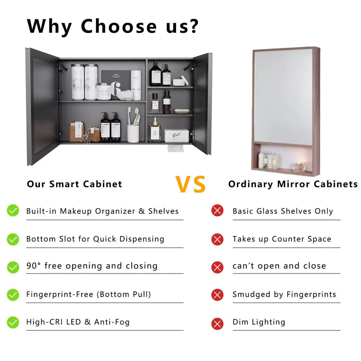 Wall LED bathroom cabinet by HouseOfZazla with aluminium storage; left smart dark-gray cabinet, right wooden framed mirror cabinet on Tampa Home & Garden Store