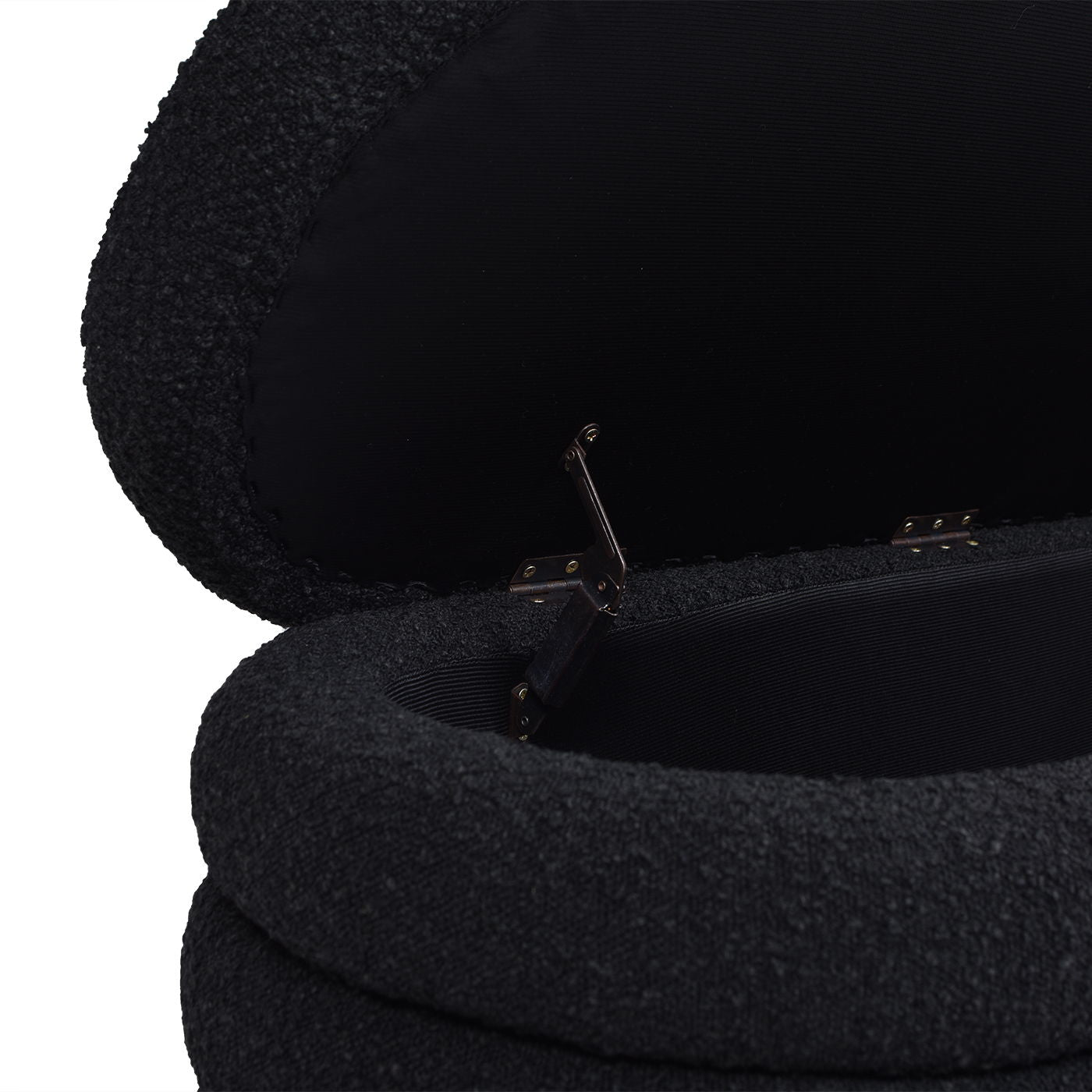 Fuji Upholstered Oval Storage Bench, black textured fabric with metal hinges, HouseOfZazla on Tampa Home & Garden Store