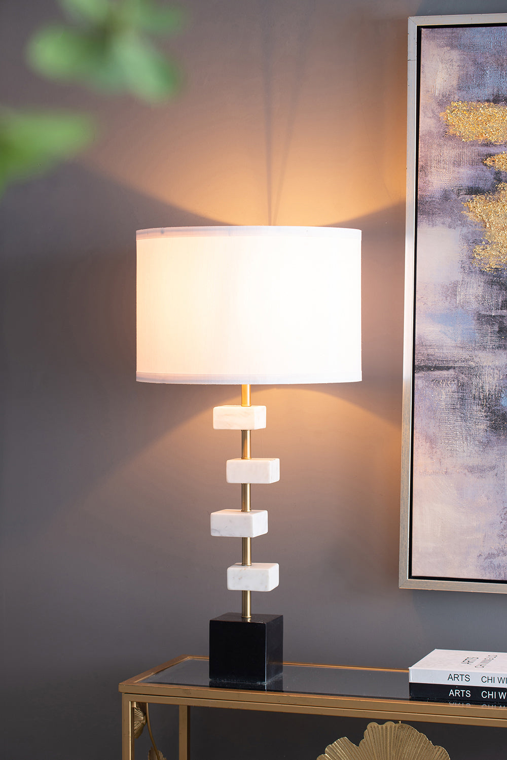 Table lamp D15x30' with white marble and brass frame, white drum shade, stacked marble blocks on brass stem, black base on Tampa Home & Garden Store