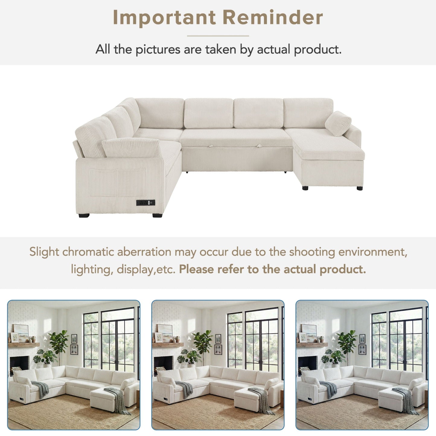 Convertible UShaped Sectional Sofa Bed with reversible chaise in beige corduroy by HouseOfZazla on Tampa Home & Garden Store