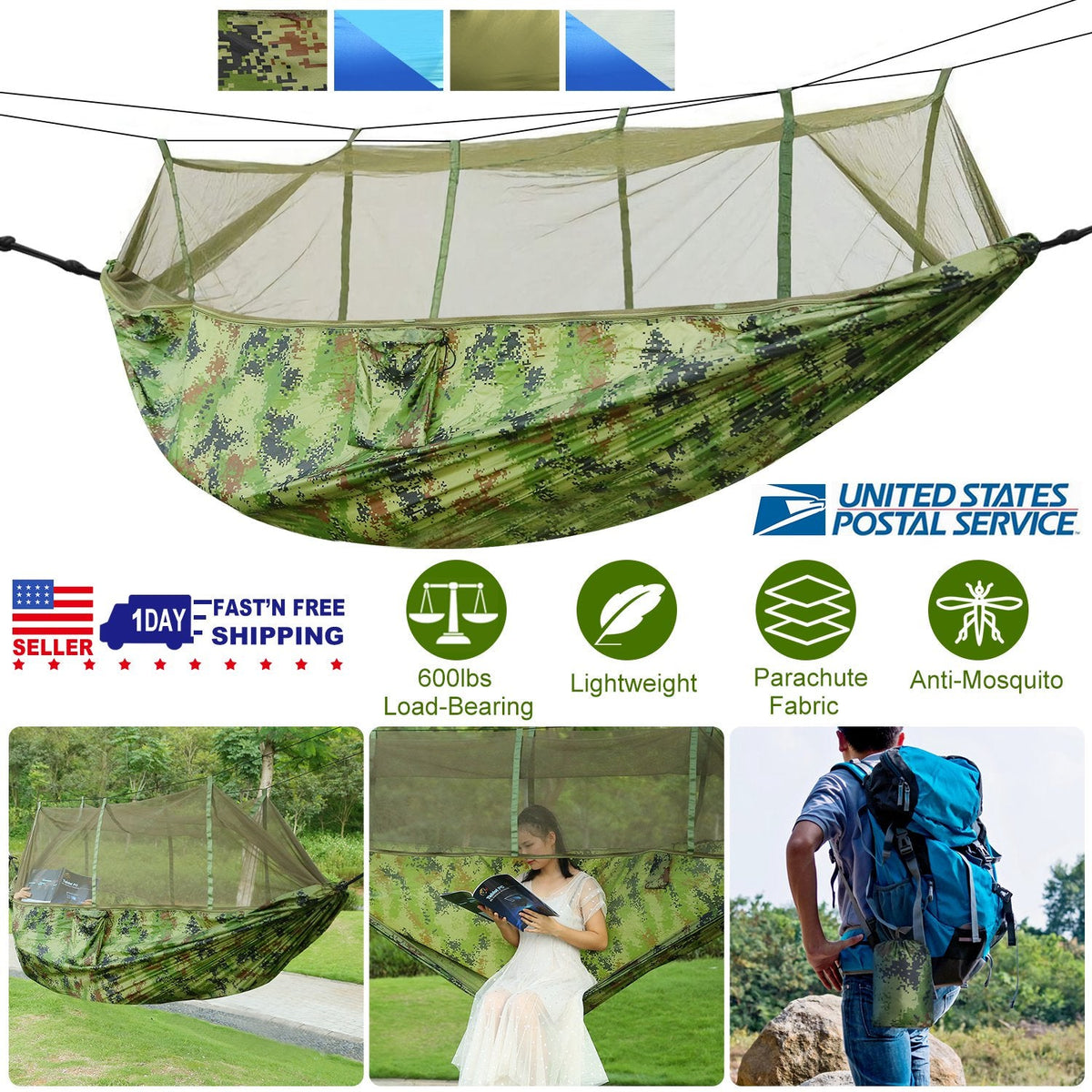 GemGear camouflage two-person hammock with mosquito net, 600lb load, nylon carry bag on Tampa Home & Garden Store