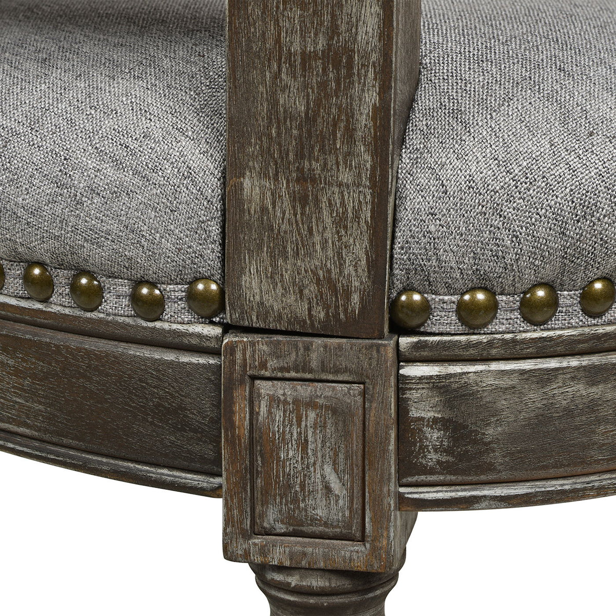 Rattan wicker high back counter stool with oak frame, gray fabric and bronze nailhead trim on Tampa Home & Garden Store