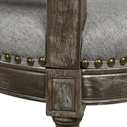Rattan wicker high back counter stool with oak frame, gray fabric and bronze nailhead trim on Tampa Home & Garden Store