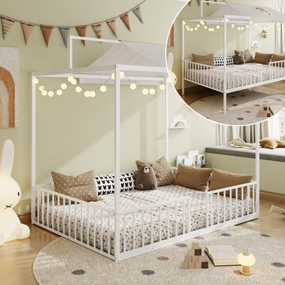 3 In 1 Montessori Floor Bed Fenced Support white canopy bed with star bedding and lights on Tampa Home & Garden Store