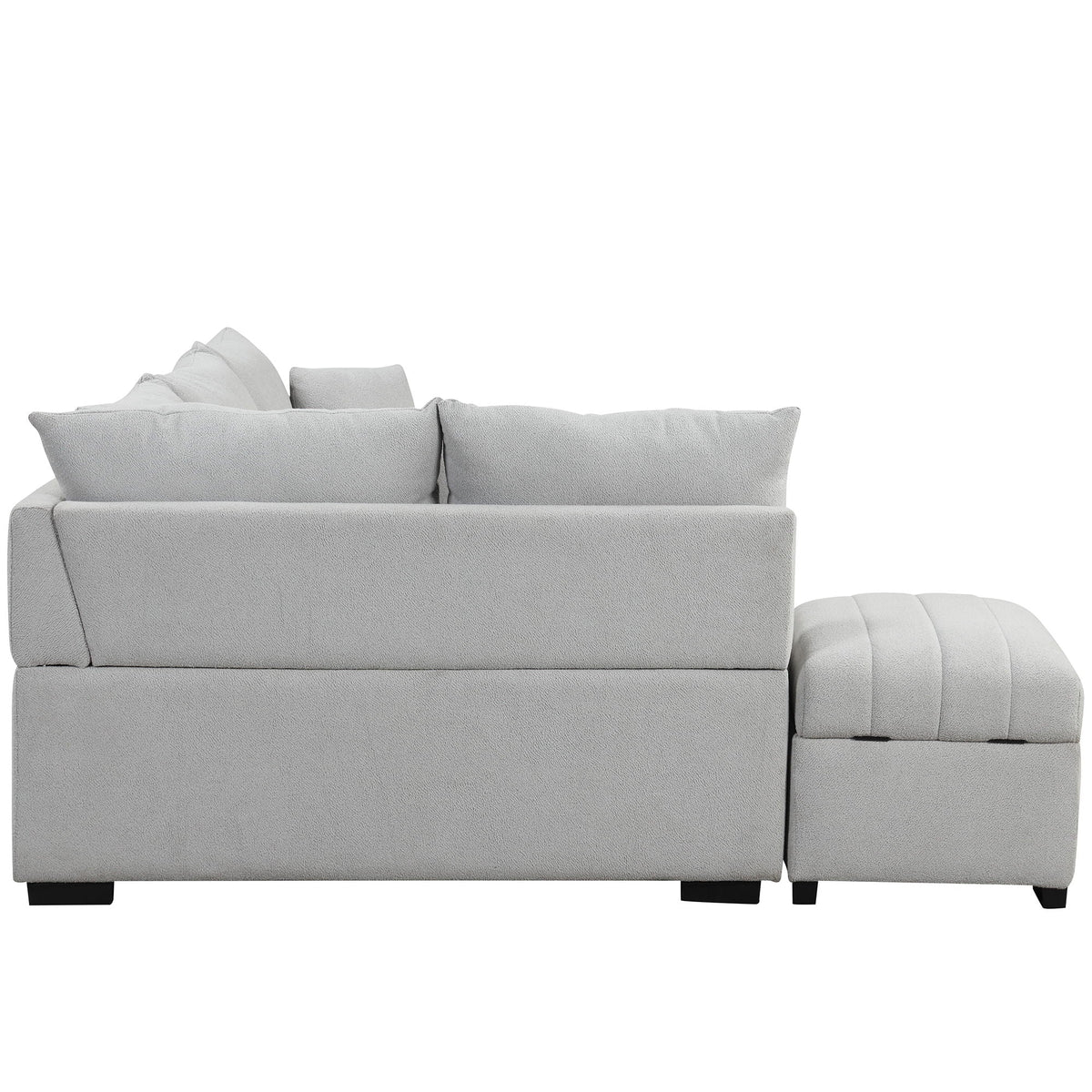Light gray L-shaped sleeper sectional with movable storage ottoman on Tampa Home & Garden Store