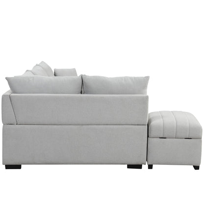 Light gray L-shaped sleeper sectional with movable storage ottoman on Tampa Home & Garden Store