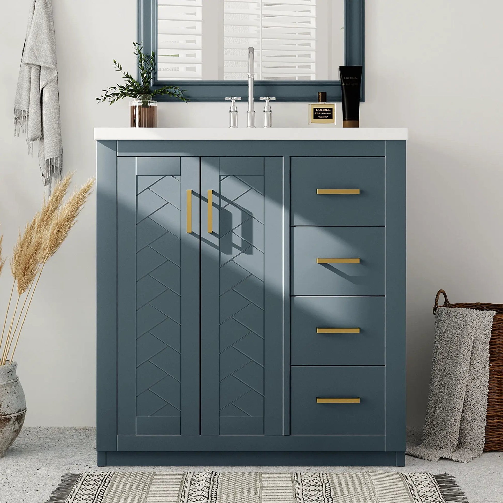 Bathroom vanity with sink in blue, with 3 drawers and geometric panel doors, gold handles on Tampa Home & Garden Store