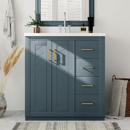 Bathroom vanity with sink in blue, with 3 drawers and geometric panel doors, gold handles on Tampa Home & Garden Store
