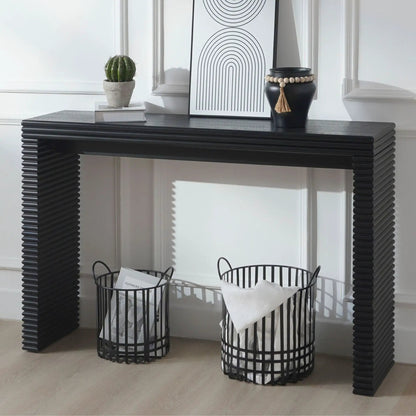 Modern Console Table with black ribbed base, cactus, abstract print and bead vase on Tampa Home & Garden Store