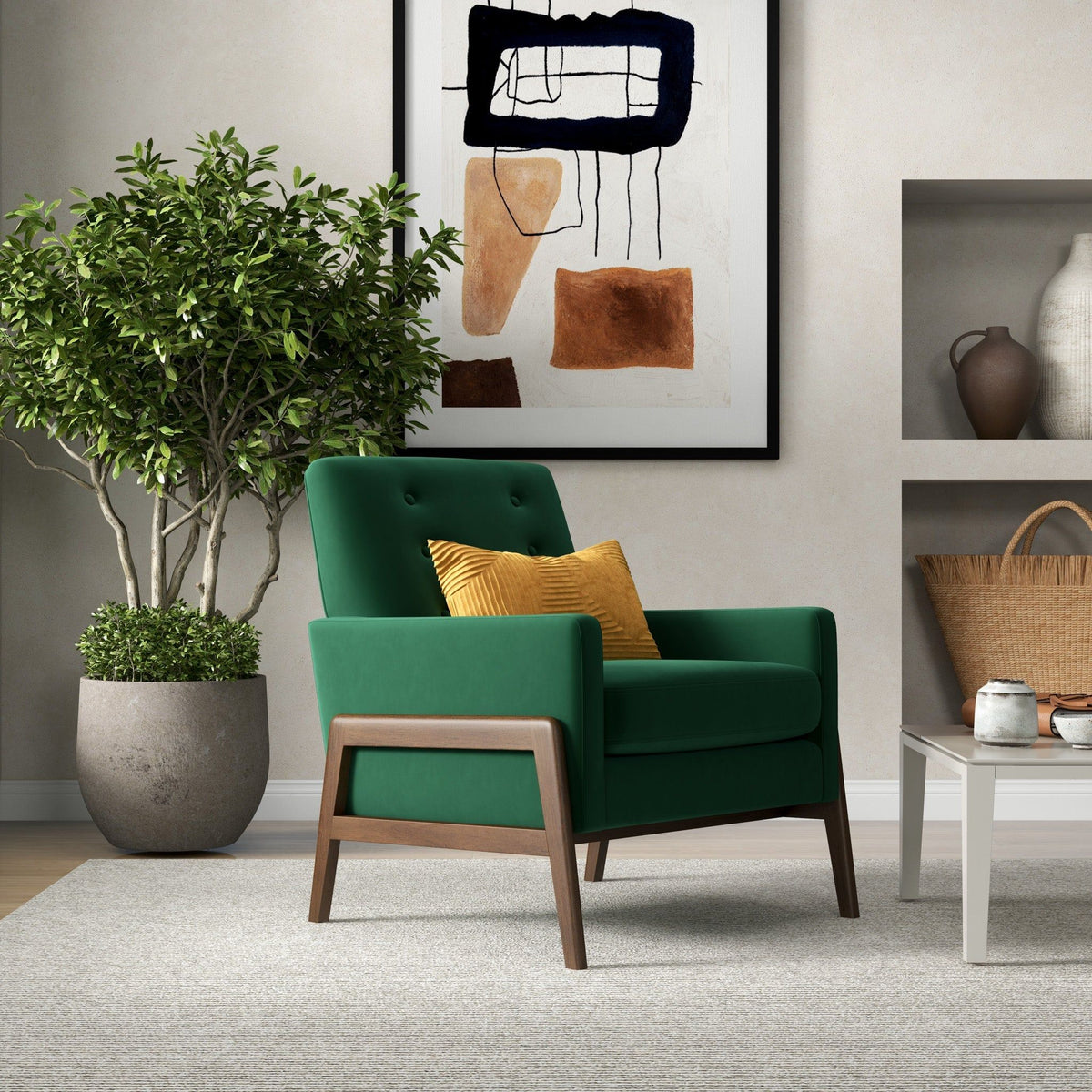 Cole Solid Wood Lounge Chair, green upholstered armchair with wood frame in a living room on Tampa Home & Garden Store