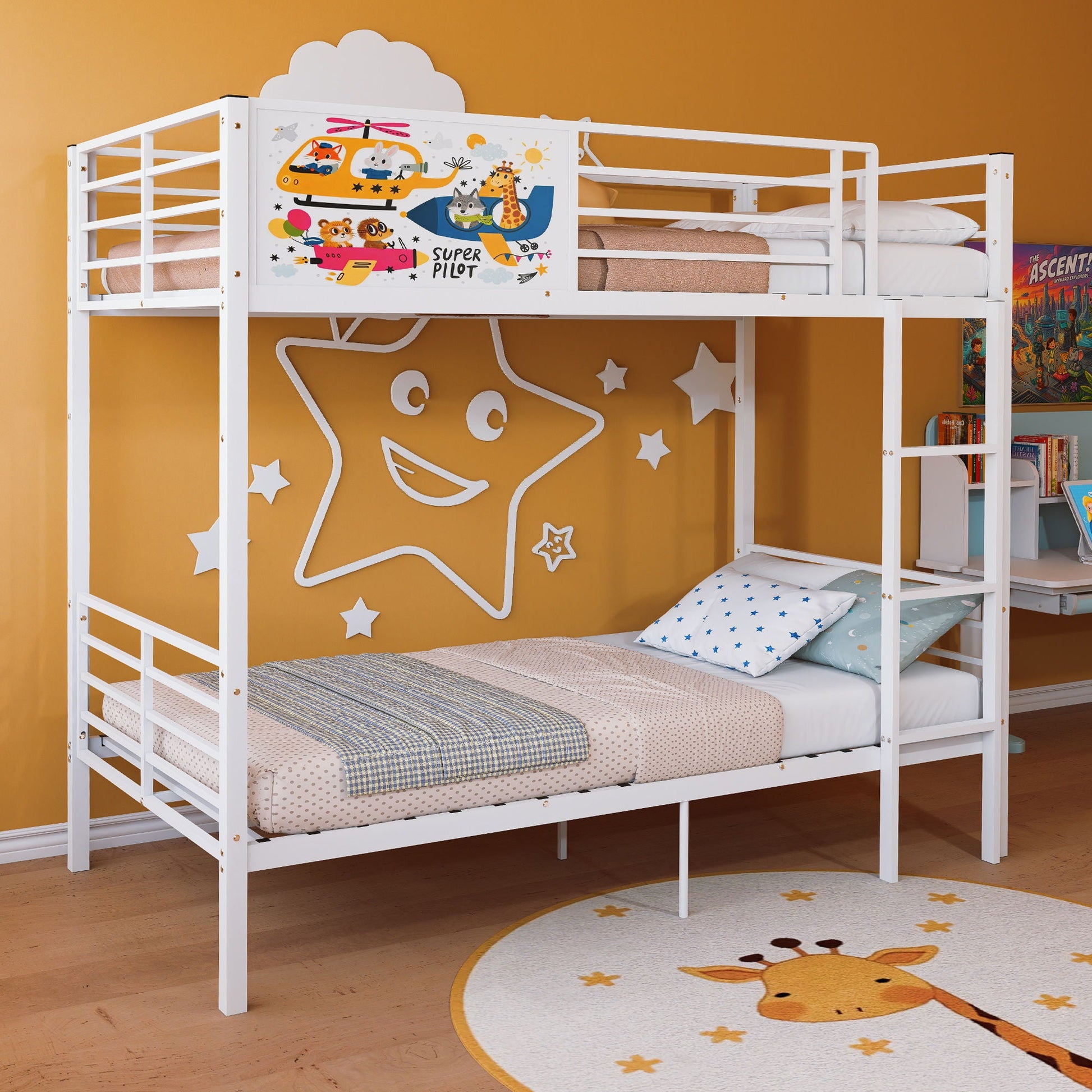 White bunk bed convertible to two twin beds with guardrails and ladder, decorative animal panel on Tampa Home & Garden Store