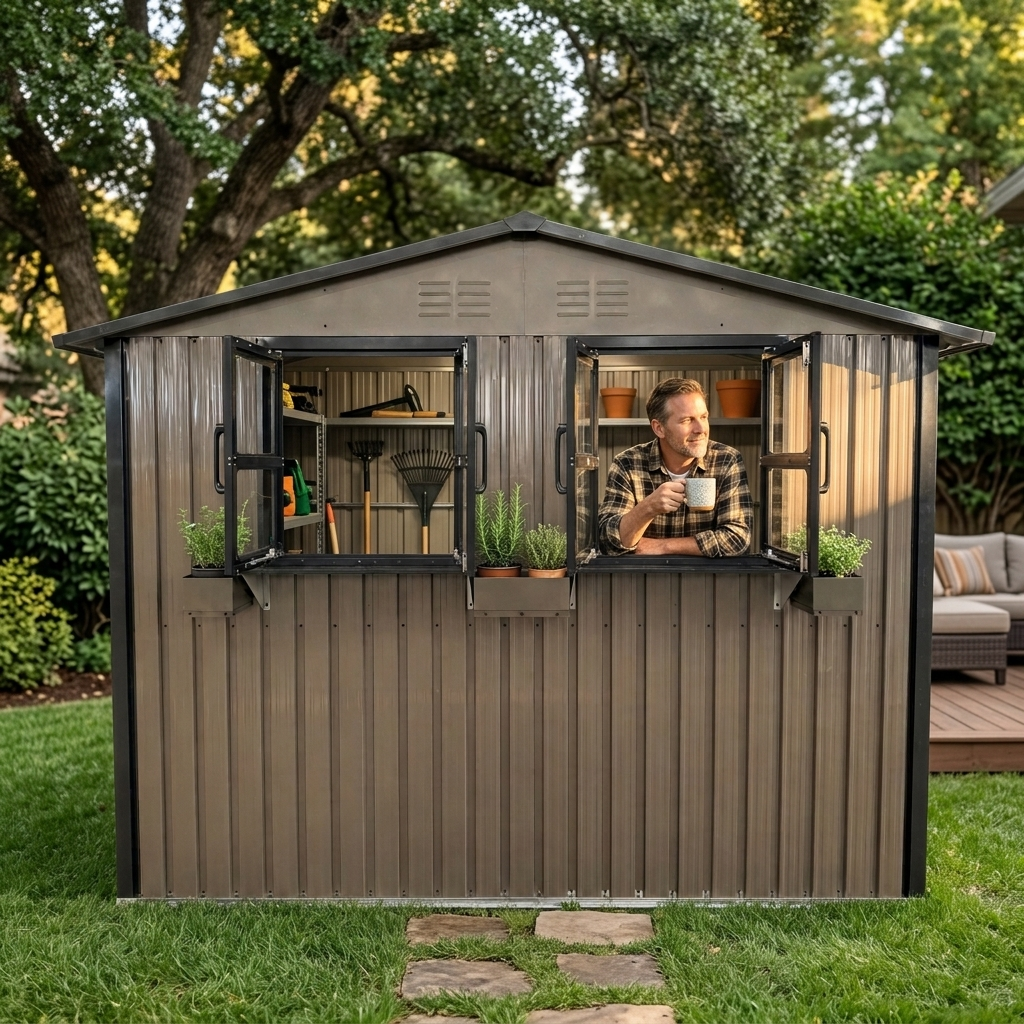 Outdoor Metal Storage Shed with Window and Rack