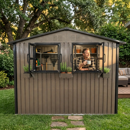 Outdoor Metal Storage Shed with Window and Rack