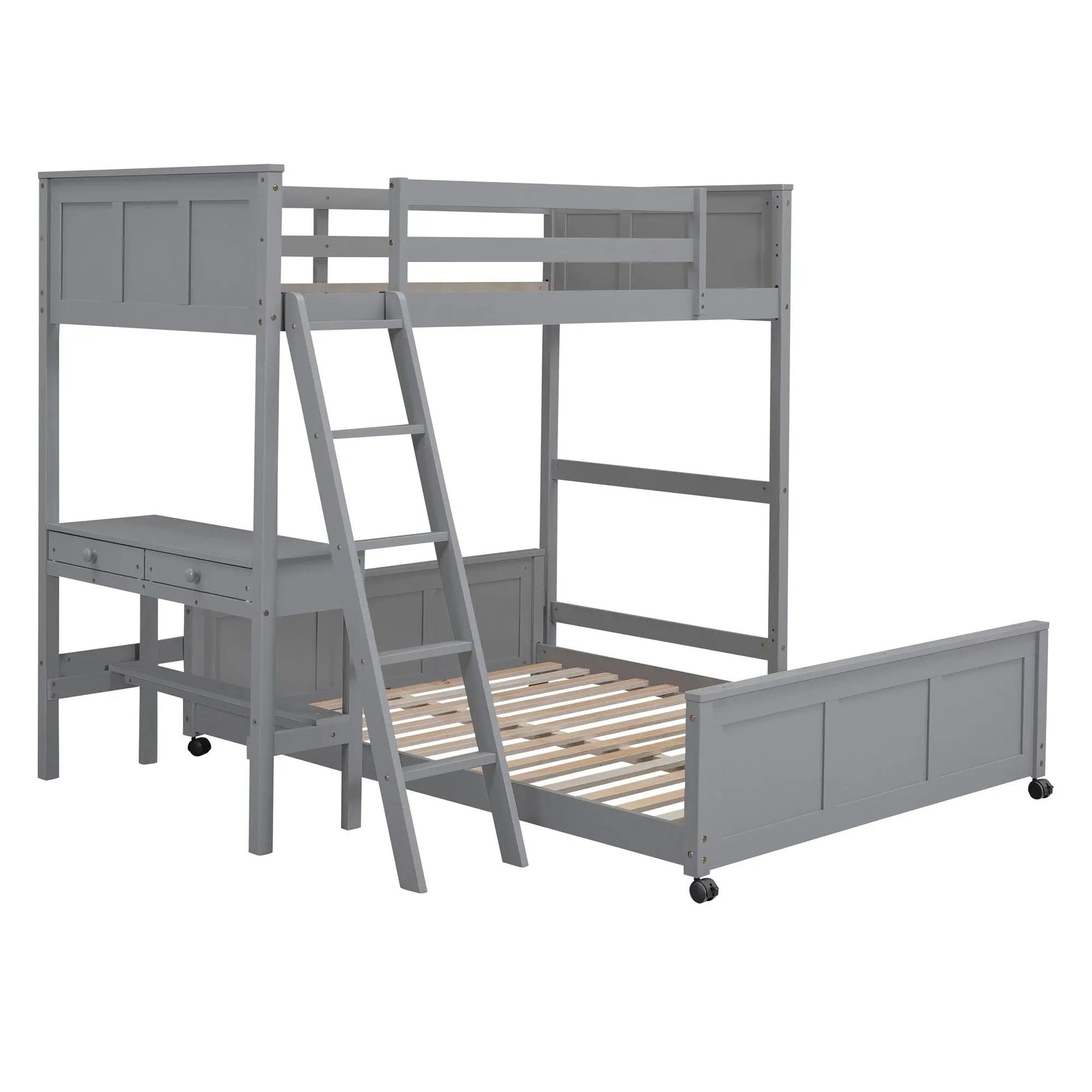 Full over full bunk bed with desk in gray by Unique Piece Furniture, ladder and storage on Tampa Home & Garden Store