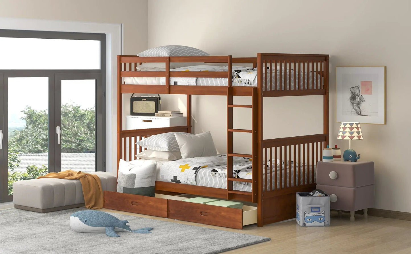 Bunk bed with ladders and 2 storage drawers in warm wood finish Unique Piece Furniture on Tampa Home & Garden Store