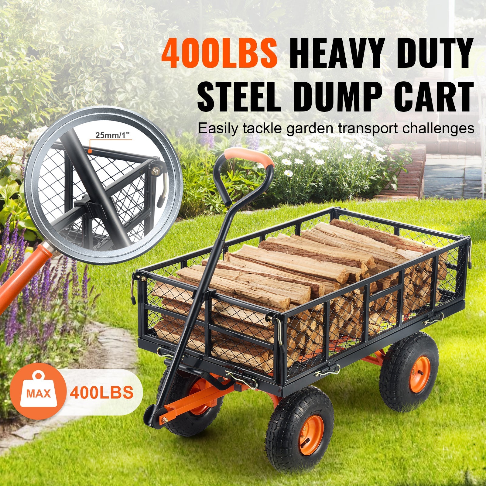 HouseOfZazla metal garden dump cart with convertible handle black mesh basket and orange wheels loaded with firewood on Tampa Home & Garden Store