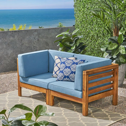 Oana 2-Piece Loveseat Set with water resistant blue cushions in teak frame HouseOfZazla on Tampa Home & Garden Store