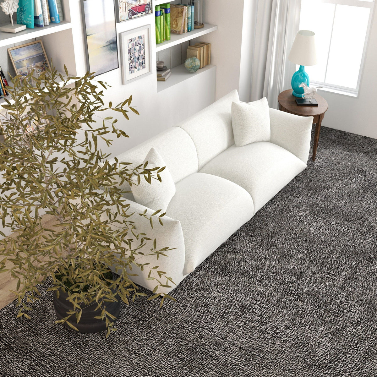 Mid-Century Modern Luxury Sofa with tufted white upholstery in a bright living room on Tampa Home & Garden Store