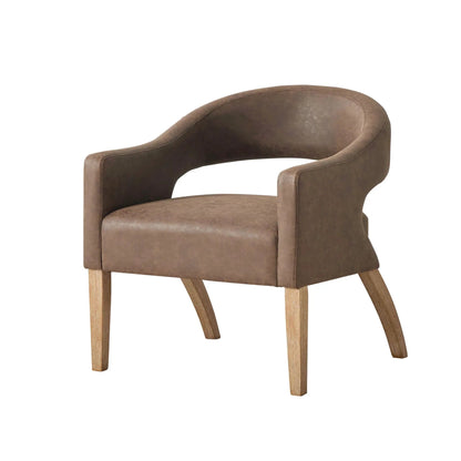 Armchair, brown leather, open-back design, weathered rubberwood legs on Tampa Home & Garden Store