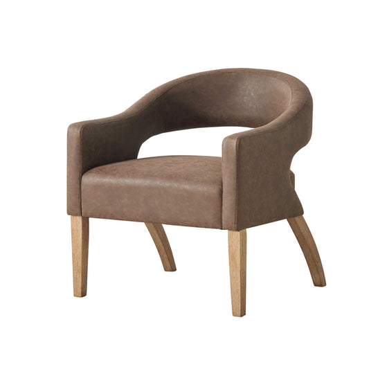 Upholstered open-back armchair in brown leather with weathered rubberwood legs HouseOfZazla on Tampa Home & Garden Store