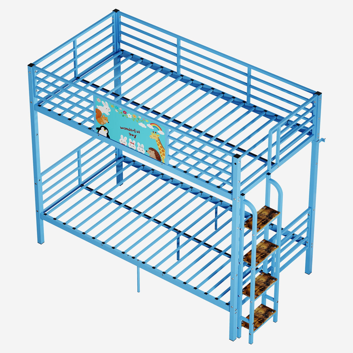 Bunk bed frame blue metal with full-length guardrails and ladder; converts to two twin beds on Tampa Home & Garden Store