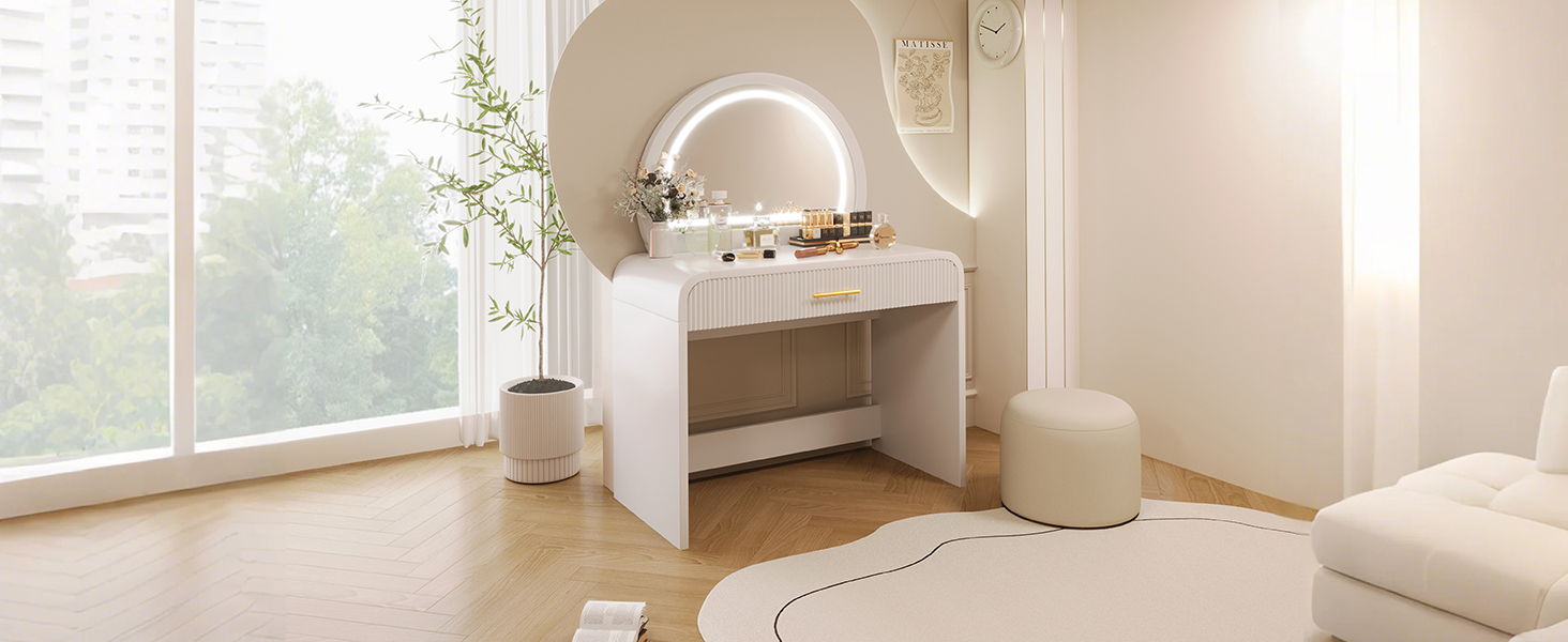 Makeup vanity table white finish with LED ring mirror, single drawer, HouseOfZazla on Tampa Home & Garden Store