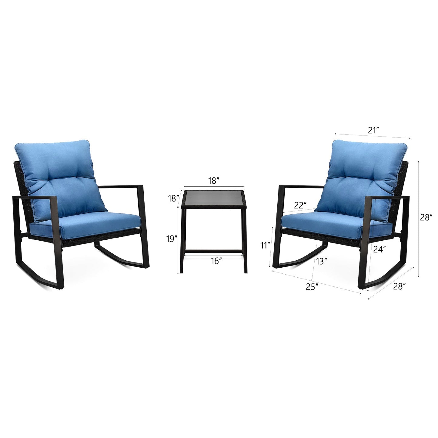 3-Piece Patio Bistro Set with blue cushions, two rocking chairs and a table HouseOfZazla on Tampa Home & Garden Store