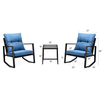 3-Piece Patio Bistro Set with blue cushions, two rocking chairs and a table HouseOfZazla on Tampa Home & Garden Store